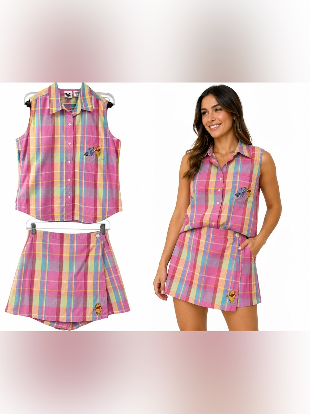 Vintage 90s Disney Catalog Winnie the Pooh Eeyore Plaid Shirt Skort 2 Piece Set